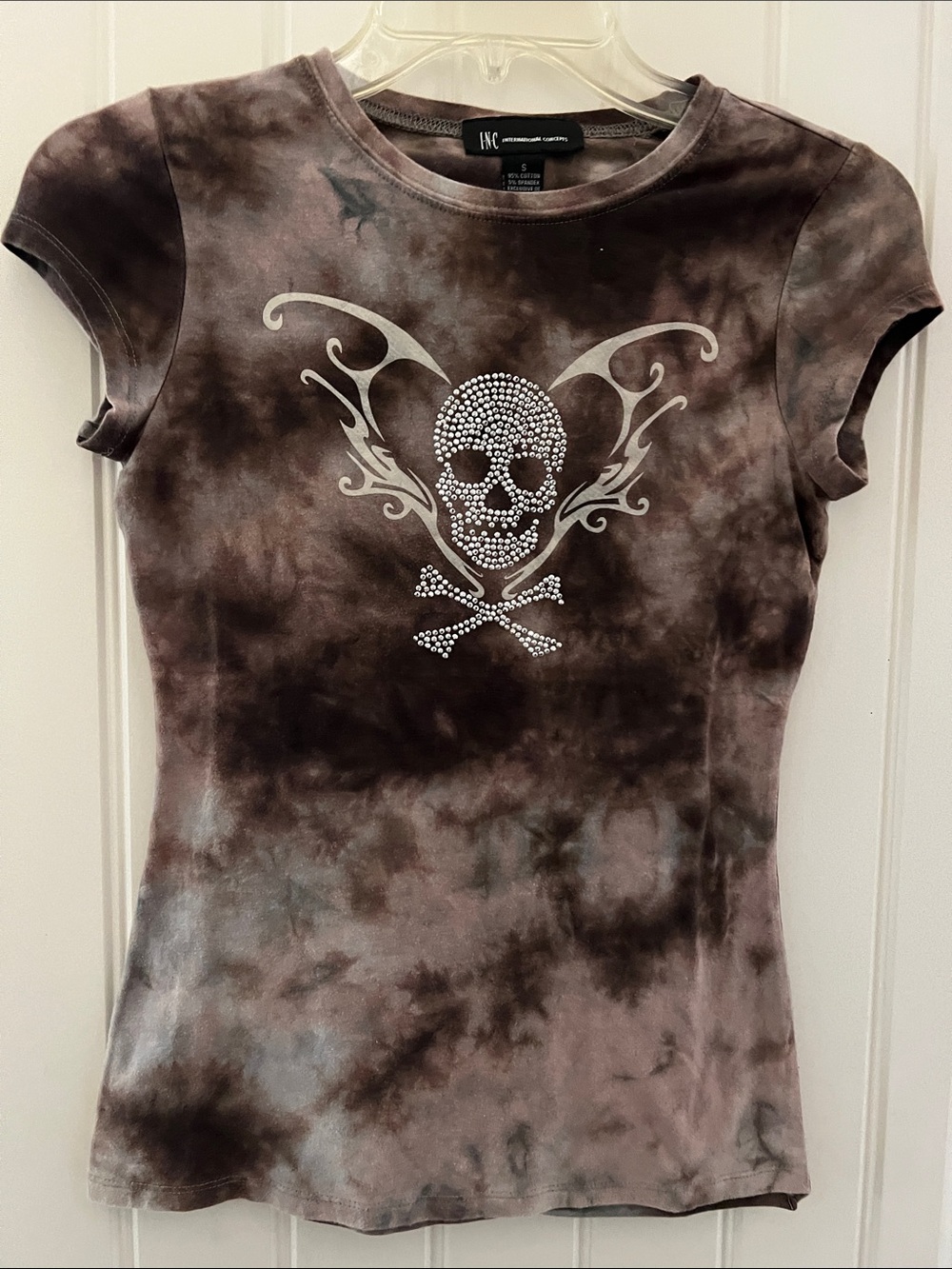 INC International Concepts Brown and Gray Tie-Dye Rhinestone Skull Tee
